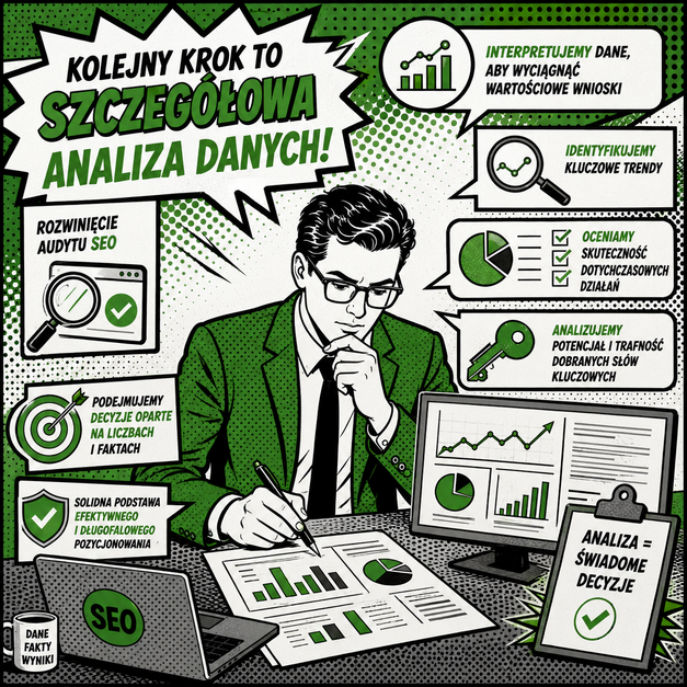 Grafika komiksowa przedstawia analizę danych wspierającą WIZYTÓWKI GOOGLE, obejmującą audyt SEO, interpretację statystyk i ocenę skuteczności działań lokalnych. Widoczne są wykresy, analiza trendów, słowa kluczowe i wskaźniki efektywności.