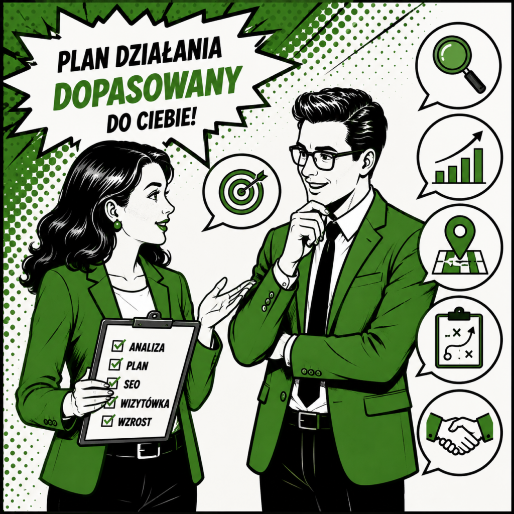 Grafika komiksowa przedstawia konsultację dotyczącą WIZYTÓWKI GOOGLE, podczas której tworzony jest indywidualny plan działań zwiększających widoczność firmy w lokalnych wynikach wyszukiwania.