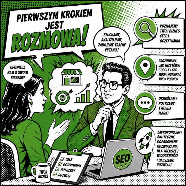 Grafika komiksowa przedstawia konsultację dotyczącą WIZYTÓWKI GOOGLE, podczas której analizowane są potrzeby firmy, cele biznesowe i możliwości zwiększenia widoczności lokalnej.