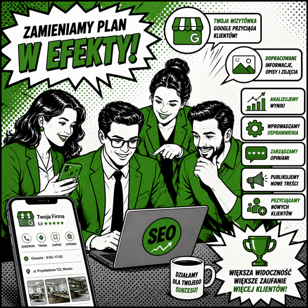 Grafika komiksowa przedstawia działania związane z optymalizacją WIZYTÓWKI GOOGLE, gdzie zespół specjalistów analizuje wyniki, zarządza opiniami i rozwija widoczność firmy online.