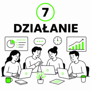 Marketing w fazie realizacji działań – grafika przedstawiająca zespół pracujący nad strategią marketingową.