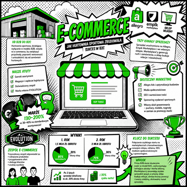 Infografika e-commerce pokazująca, jak hurtownia sportowa rozwinęła sprzedaż B2C przez Allegro, Empik Marketplace i własny sklep.