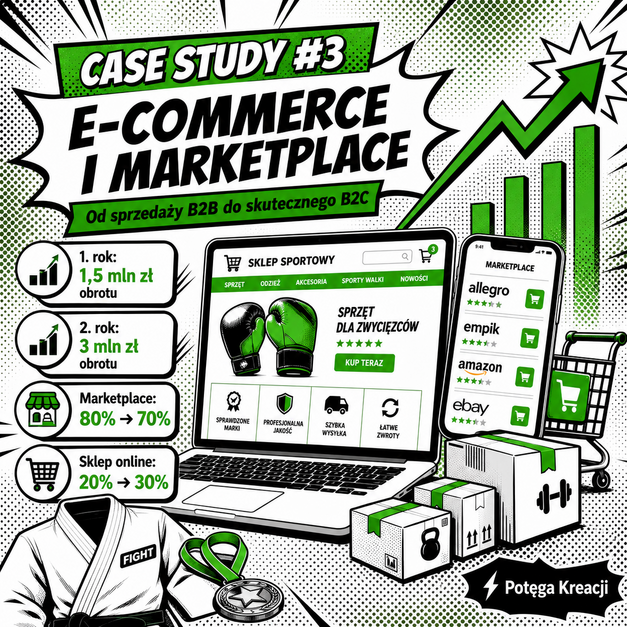 Komiksowa grafika case study #3 o rozwoju e-commerce i marketplace.