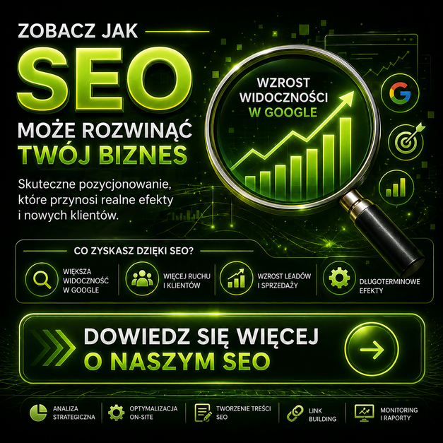 Grafika przedstawia działania SEO wspierające rozwój biznesu poprzez zwiększanie widoczności w Google, wzrost ruchu i pozyskiwanie nowych klientów.