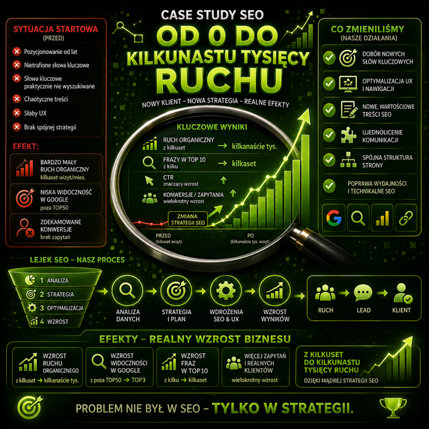 Case study seo i ux pokazujące wzrost ruchu organicznego – grafika przedstawiająca analizę wyników SEO, optymalizację UX.