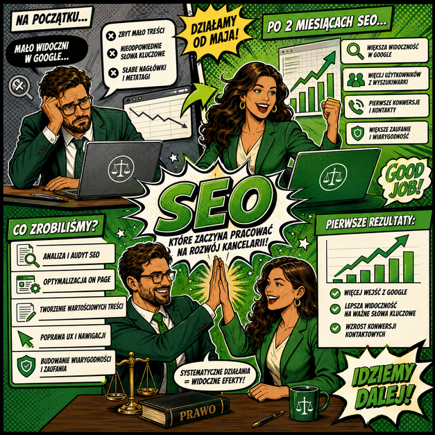 Komiksowa infografika w zielono-czarnej kolorystyce pokazuje kancelarię prawną przed i po wdrożeniu SEO.