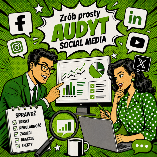 Social media przedstawione w komiksowej grafice prezentują audyt profili firmowych.