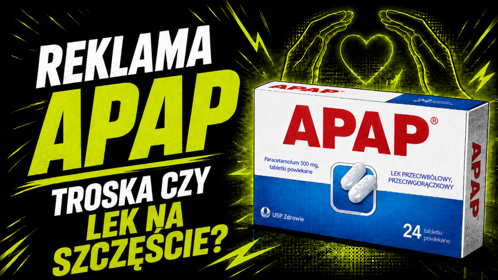 Reklama APAP w komiksowej stylistyce na czarnym tle z neonowozielonymi akcentami.