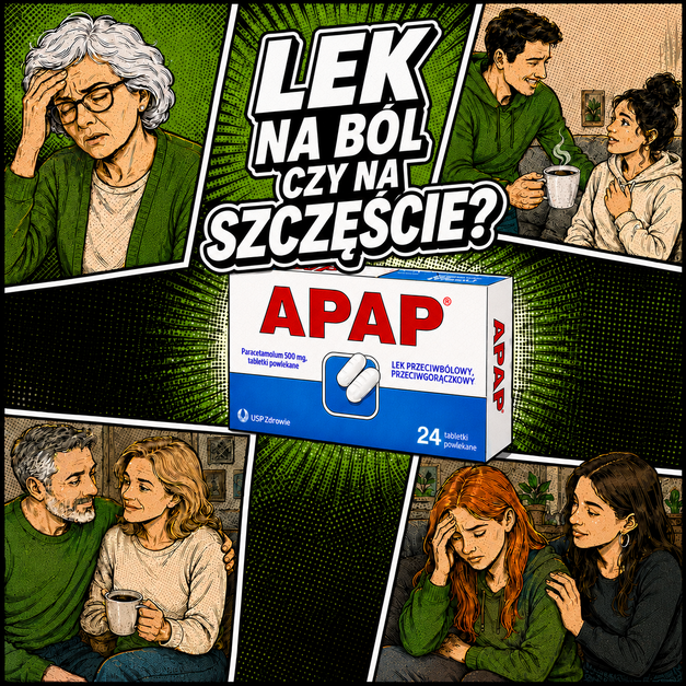 Reklama APAP w komiksowym stylu pokazuje lek przeciwbólowy na tle scen związanych z bólem, troską i wsparciem bliskich.