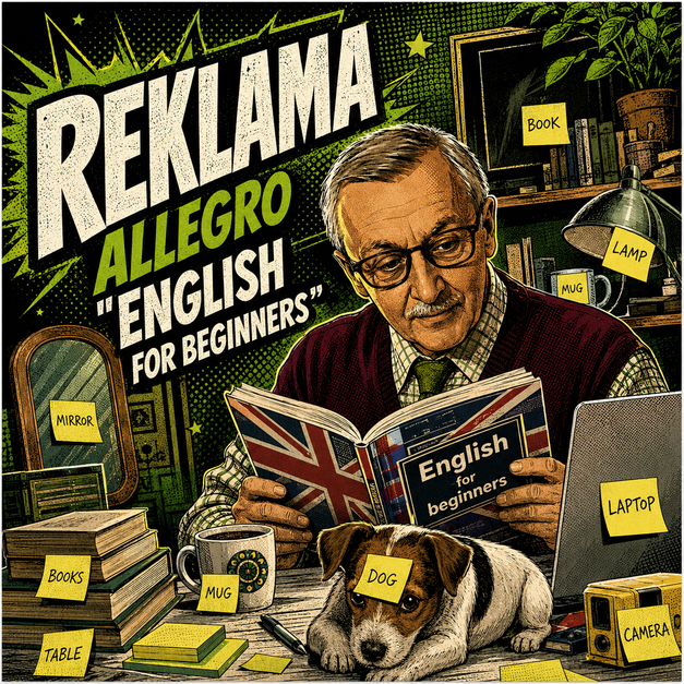 Reklama Allegro „English for Beginners” pokazana w komiksowym stylu pop art.
