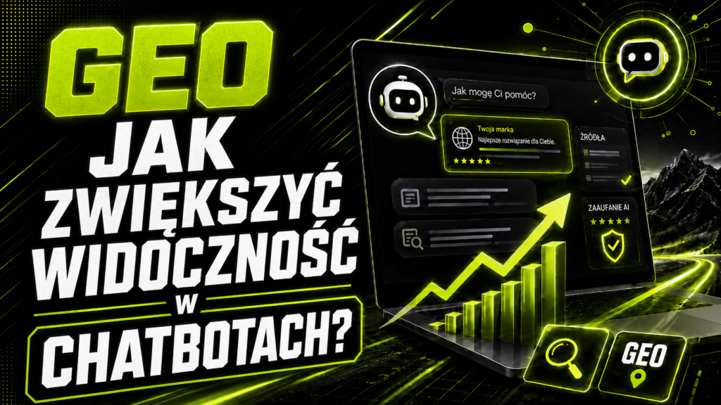 GEO to strategia zwiększania widoczności marki w odpowiedziach generowanych przez chatboty AI. Grafika przedstawia laptop z interfejsem sztucznej inteligencji.