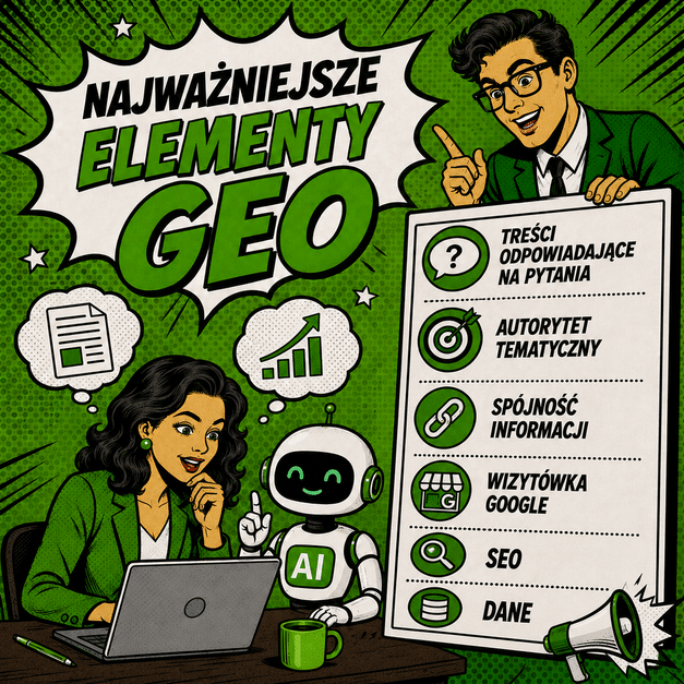 Grafika GEO w stylu pop-art przedstawiająca najważniejsze elementy Generative Engine Optimization.
