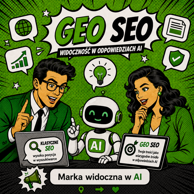 GEO w marketingu internetowym – grafika pokazująca różnicę między klasycznym SEO a widocznością w odpowiedziach AI.