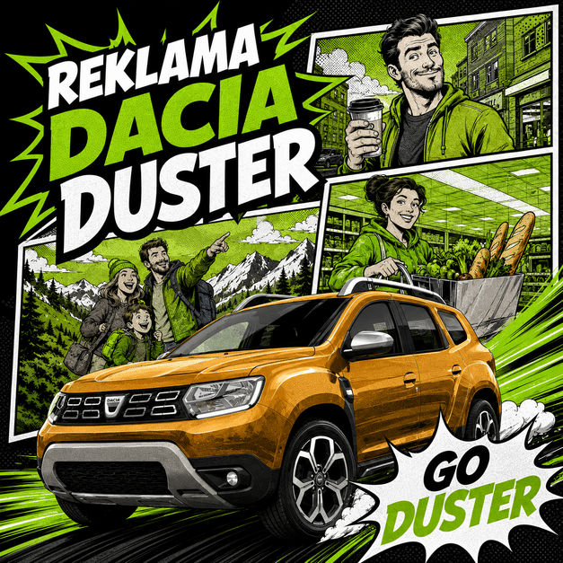 Reklama Dacii Duster w komiksowym stylu przedstawia pomarańczowego SUV-a na tle dynamicznych, zielono-czarnych kadrów.