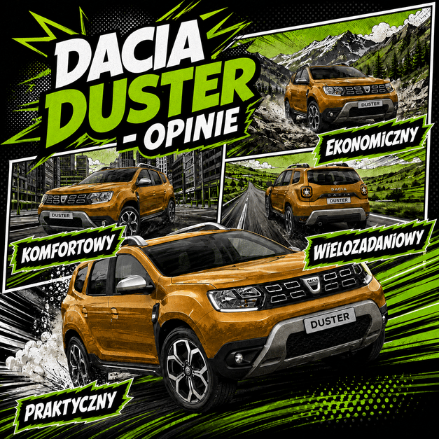 Reklama Dacii Duster w dynamicznym, komiksowym stylu przedstawia pomarańczowy samochód w mieście, górach i na otwartej drodze.