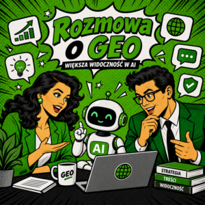 GEO w nowoczesnym marketingu internetowym – komiksowa grafika przedstawiająca rozmowę dwóch specjalistów.
