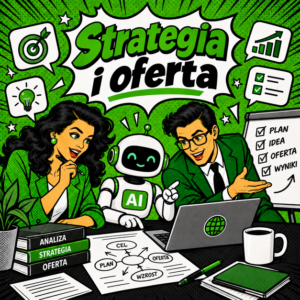 GEO w praktyce – komiksowa grafika pokazująca zespół tworzący strategię i ofertę. Kobieta, mężczyzna oraz robot AI analizują plan, pomysły i wyniki przy laptopie.