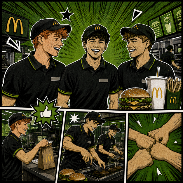 Spot McDonald’s „Przyjaźń od kuchni” przedstawiony w komiksowym stylu. Trzech uśmiechniętych pracowników restauracji wspólnie wykonuje obowiązki.