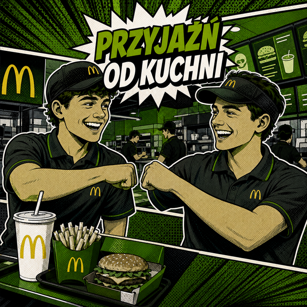Spot McDonald’s „Przyjaźń od kuchni” przedstawiony w komiksowej stylistyce pop-art. Dwóch uśmiechniętych pracowników podczas pracy.