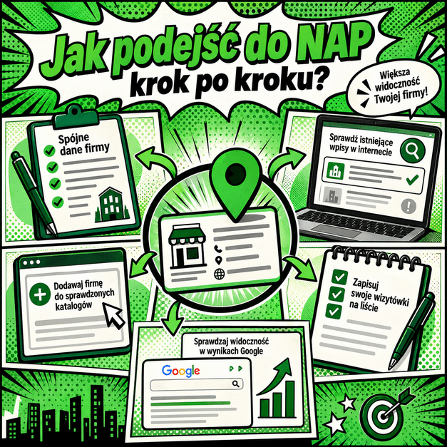 NAP krok po kroku – komiksowa grafika pokazująca proces porządkowania danych firmy.