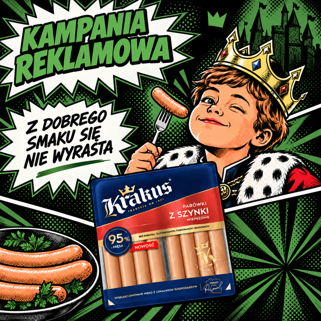Reklama Krakus w komiksowym stylu pop-art przedstawia młodego króla.