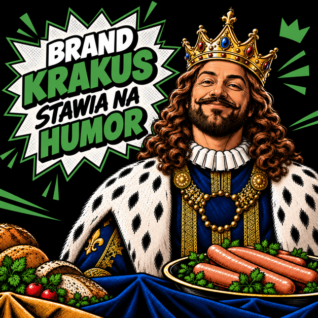 Reklama Krakus w komiksowym stylu pop-art przedstawia uśmiechniętego króla w koronie i królewskim stroju na czarnym tle.