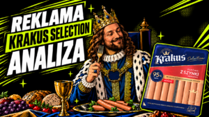 Reklama Krakus Selection w komiksowym stylu przedstawia uśmiechniętego króla przy królewskiej uczcie z parówkami.