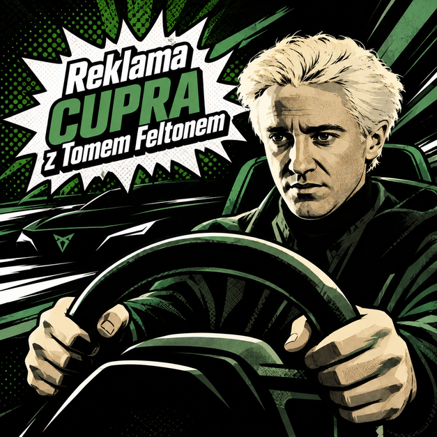 Kampania reklamowa CUPRA z Tomem Feltonem przedstawiona w dynamicznym, komiksowym stylu. Aktor siedzi za kierownicą samochodu CUPRA.