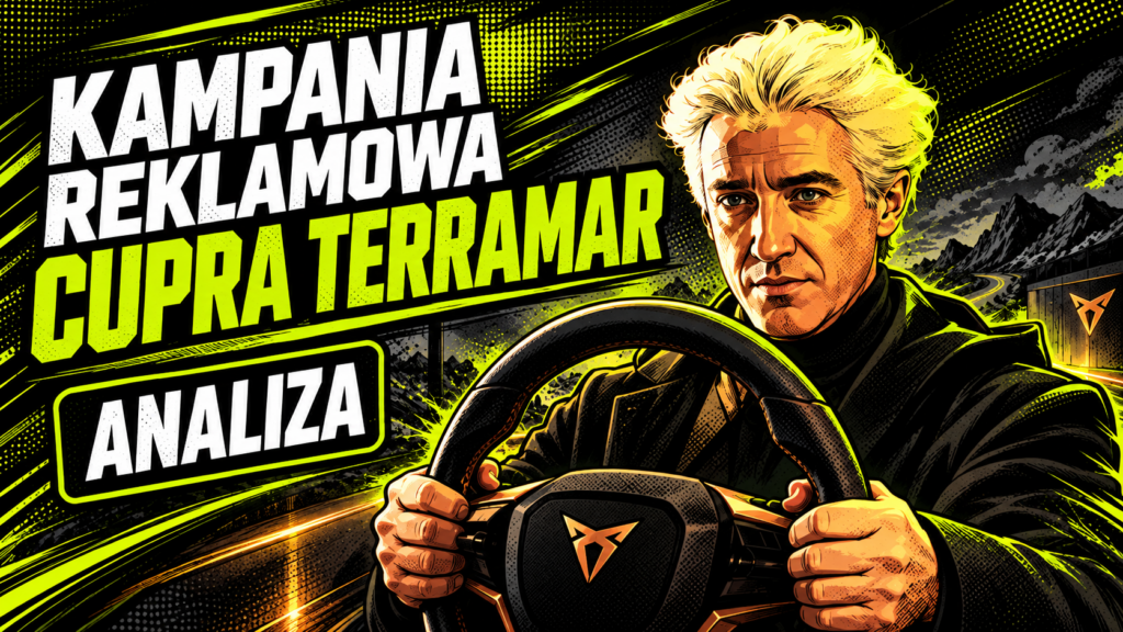 Kampania reklamowa CUPRA Terramar w komiksowym stylu. Jasnowłosy mężczyzna siedzi za kierownicą samochodu.
