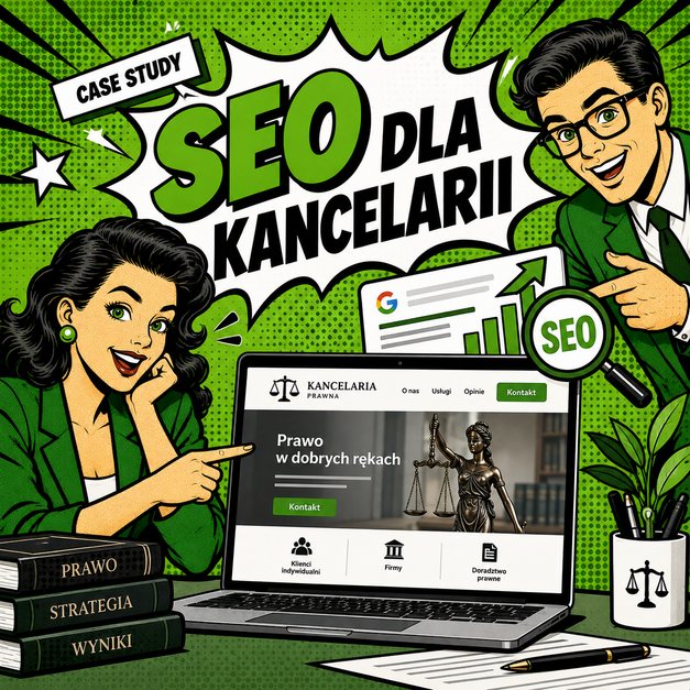 SEO i GEO w praktyce – komiksowa grafika przedstawiająca kancelarię prawną, specjalistów analizujących widoczność strony w Google oraz laptop.