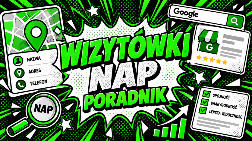 SEO i GEO na komiksowej grafice w zielono-czarnej kolorystyce z hasłem „Wizytówki NAP – poradnik”.