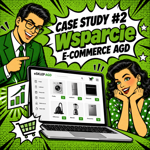 SEO i GEO w case study e-commerce AGD – komiksowa grafika przedstawiająca sklep internetowy ze sprzętem AGD.