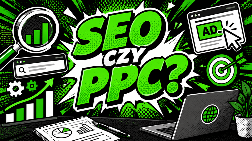 SEO i GEO na dynamicznej grafice w stylu pop-art: duży zielony napis „SEO CZY PPC?”
