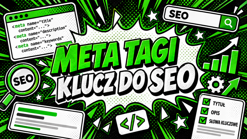 SEO i GEO na komiksowej grafice w zielono-czarnej kolorystyce. Centralny napis „META TAGI KLUCZ DO SEO” otaczają kod.