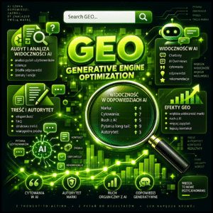 GEO – grafika przedstawiająca Generative Engine Optimization w neonowej, zielono-czarnej stylistyce.